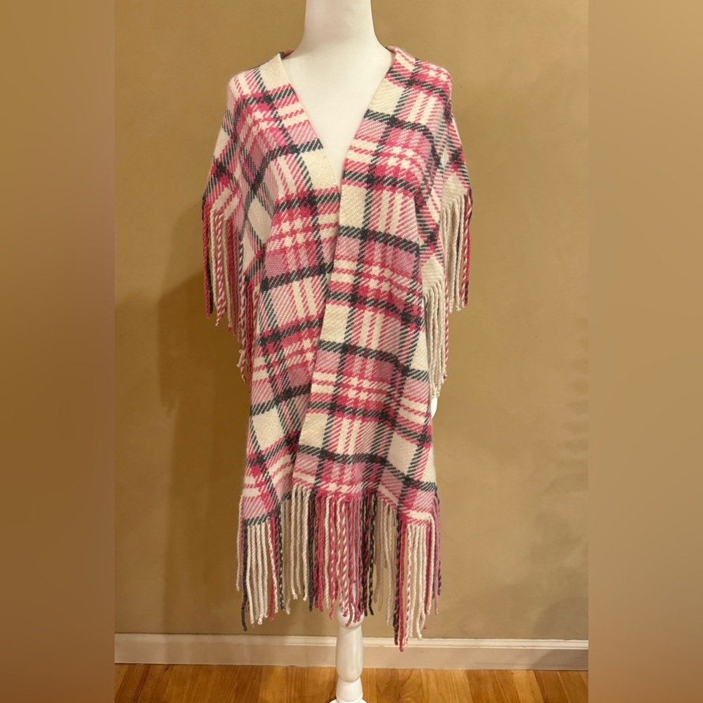 Banana Republic Pink White Plaid Fringe lambs wool rabbit hair cashmere scarf